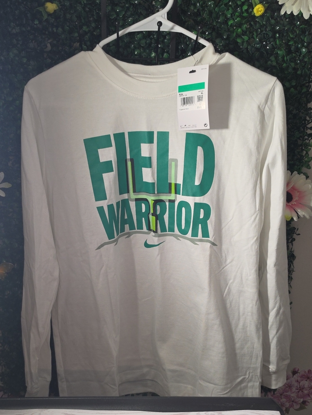 Nike White Long-Sleeve Field Warrior Graphic Tee with Green Print